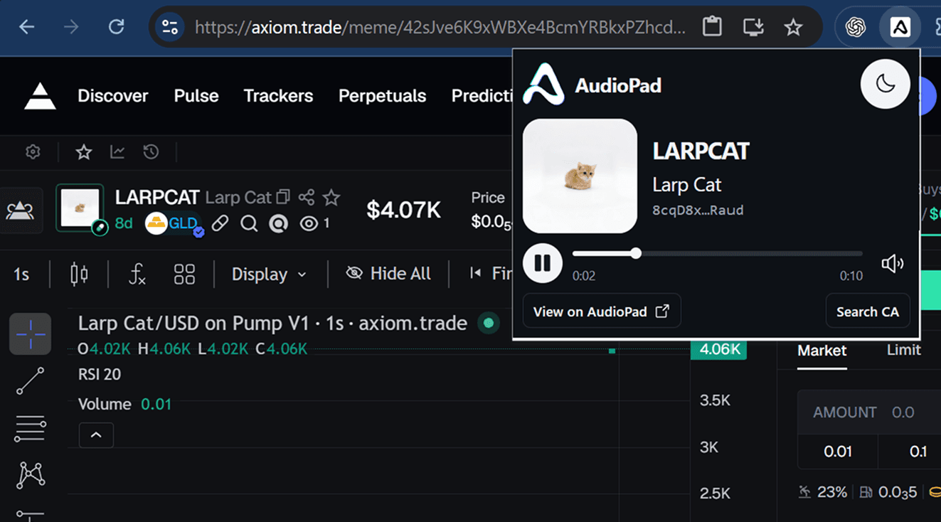 AudioPad Chrome extension popup over a trading terminal